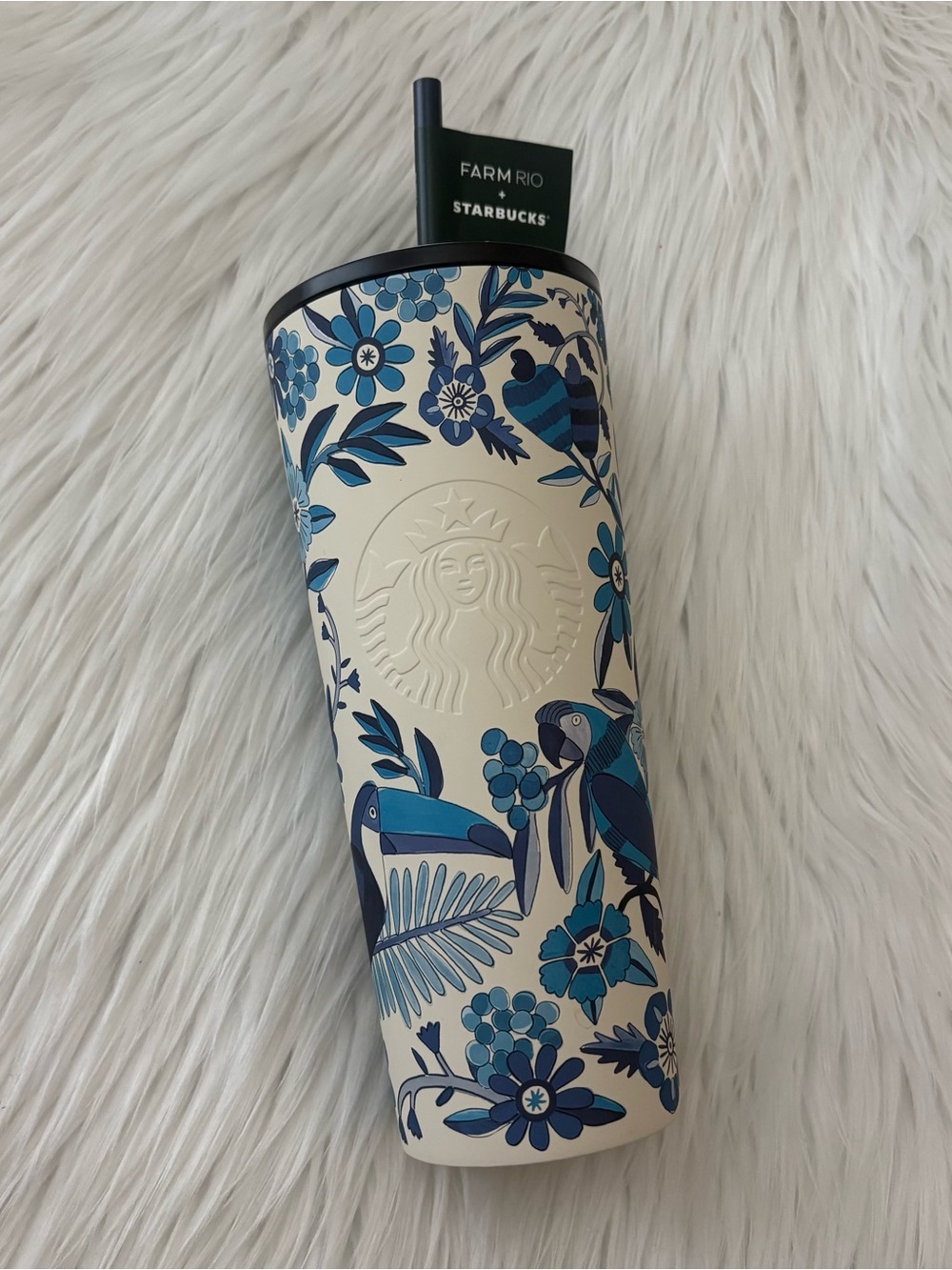 RARE 2025 Starbucks x Farm Rio Blue & White 24oz Water Tumbler w/Straw